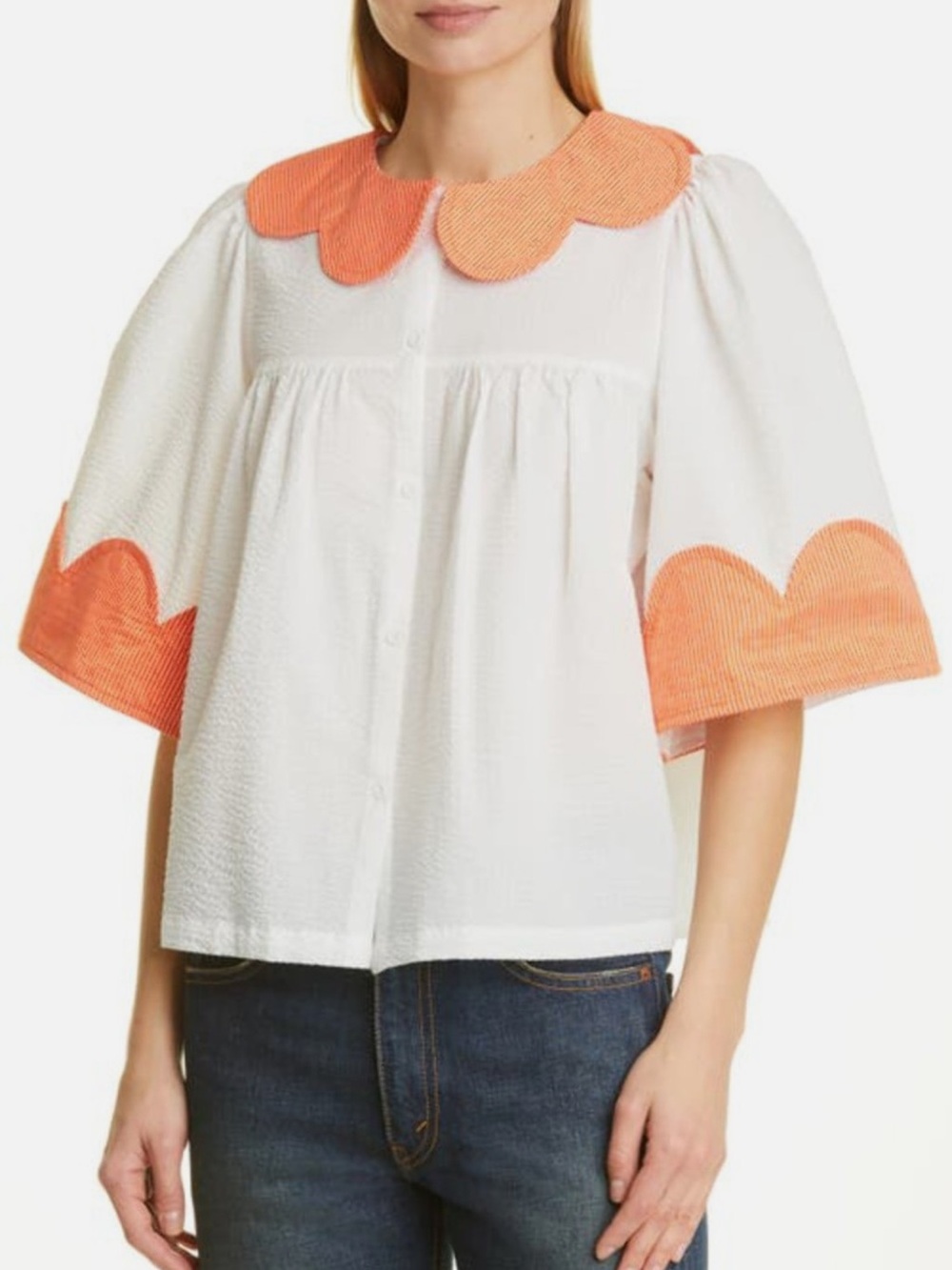 Stella Nova Women's White Button-Down Shirt with Orange Scalloped Collar